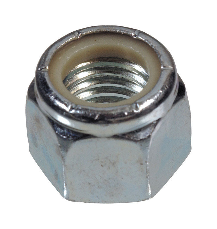 Emery Jensen M6-1.00 metric lock nut, metal fastener with threaded interior for securing bolts in machinery or construction.