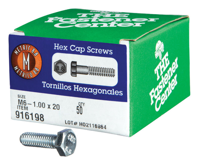 Emery Jensen METR HX CP Gr8.8 M6x20 metric bolt showing shiny steel finish and threaded shaft for industrial fastening.