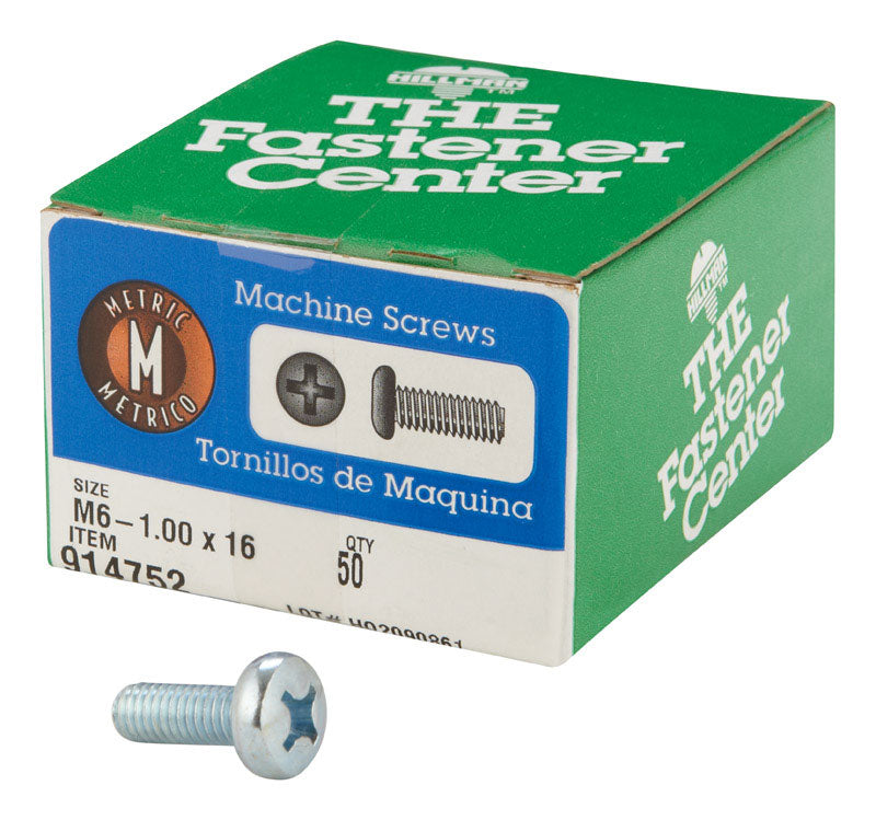 Emery Jensen metrics PN PH M/S ZN M6-1.00x16 metal fastener bolt with zinc finish, showing the threaded shaft and hex head.