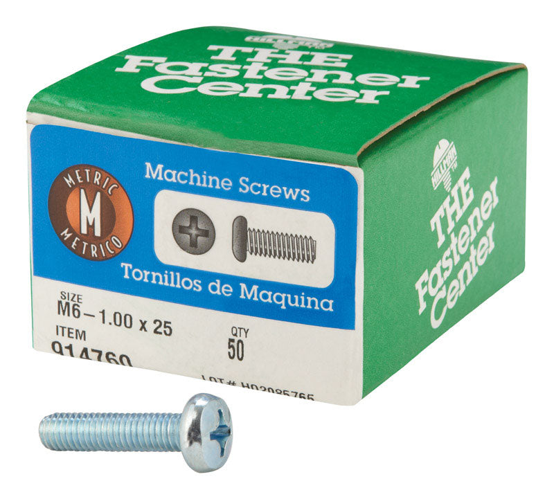 Emery Jensen metric PN PH M/S ZN M6-1.00x25 steel fastener with zinc coating, shown in close-up with threaded design
