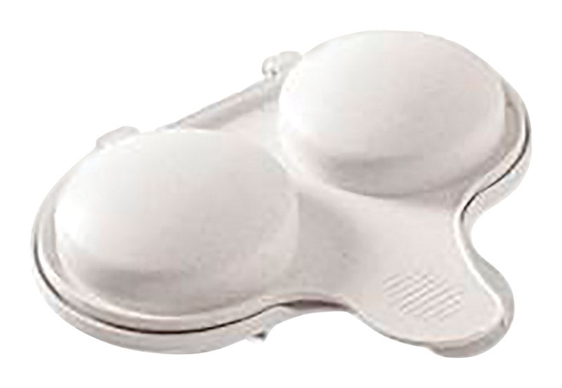 Emery Jensen microwave egg poacher in white, designed for easy cooking of eggs in microwave oven, with a non-stick surface.