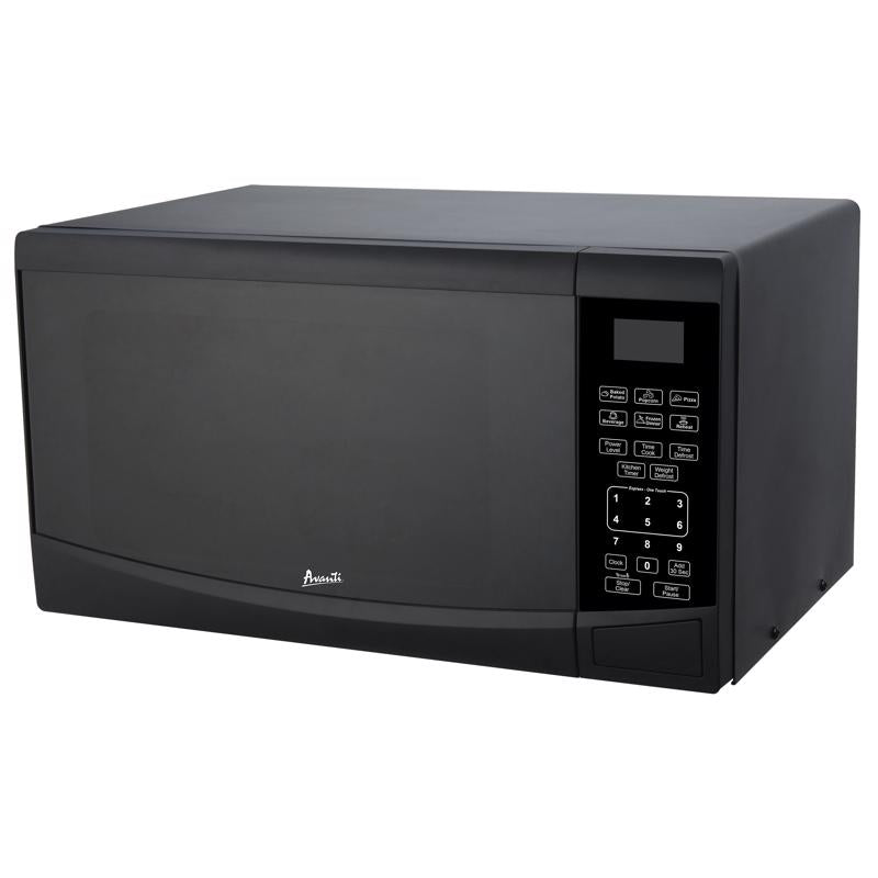 Black Emery Jensen microwave oven with 900W power and 11-inch turntable, showcasing the sleek exterior and control panel.