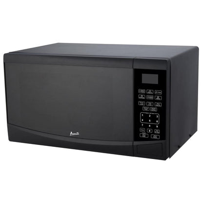 Black Emery Jensen microwave oven with 900W power and 11-inch turntable, showcasing the sleek exterior and control panel.