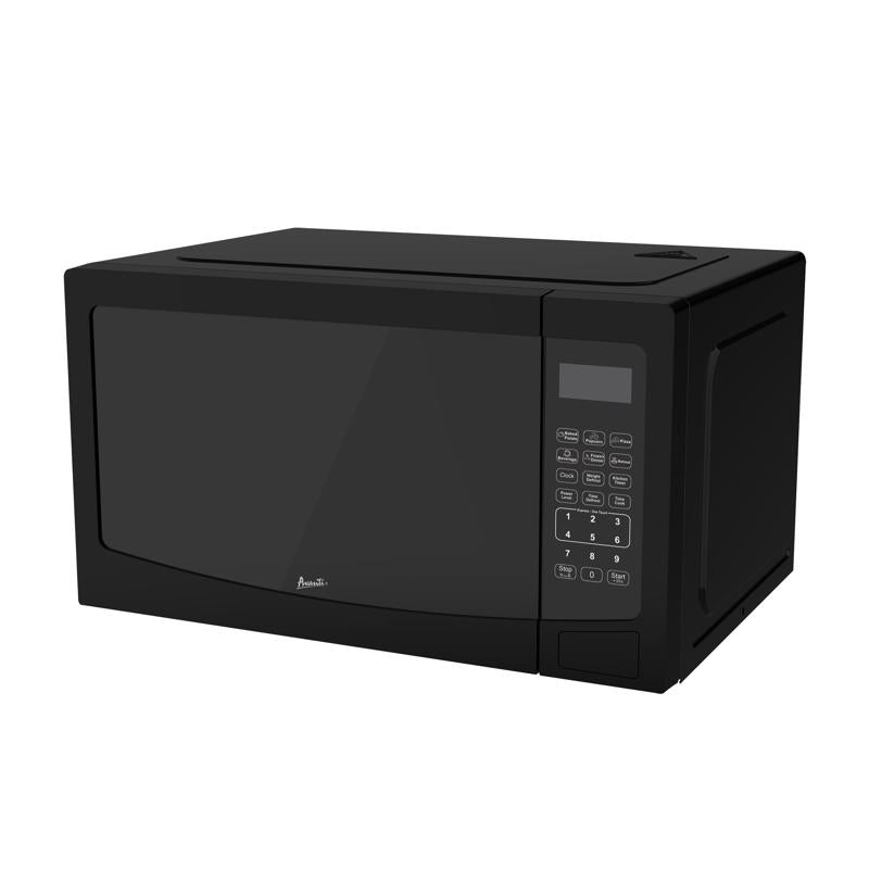 Emery Jensen black 1000W microwave oven with 12-inch interior, digital display, and control panel for easy use.