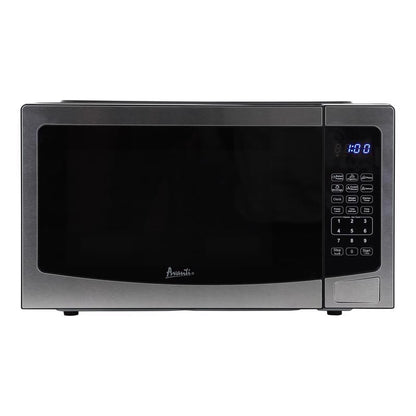 Emery Jensen 1000W microwave oven with a 12-inch turntable, silver finish, and digital control panel.