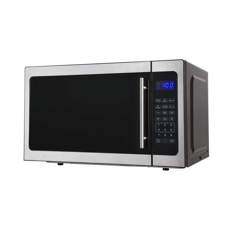Emery Jensen 1000W silver microwave oven with a 13-inch door, showcasing a modern kitchen appliance design.