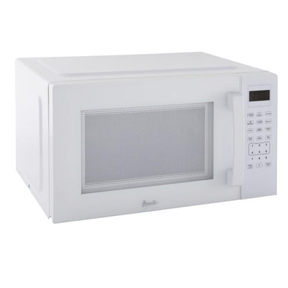 Emery Jensen white 1.5 cu.ft. microwave oven with digital control panel and turntable, compact kitchen appliance for heating food.