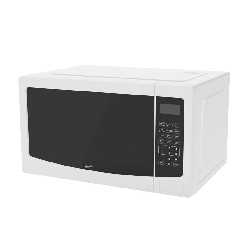 Emery Jensen 1000W white microwave oven with 12-inch turntable, front control panel, and digital display.