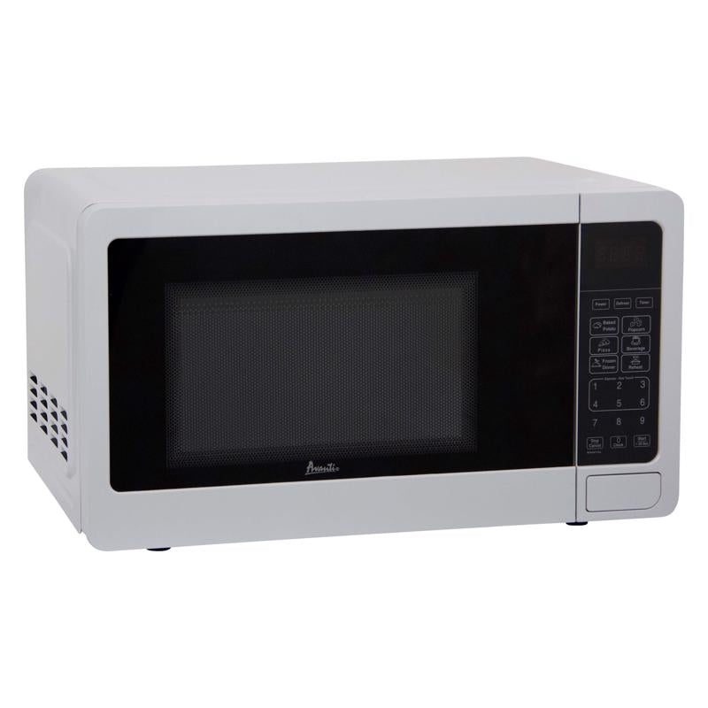 White Emery Jensen microwave oven with 700W power and 10-inch turntable, showcasing the front view with digital controls.