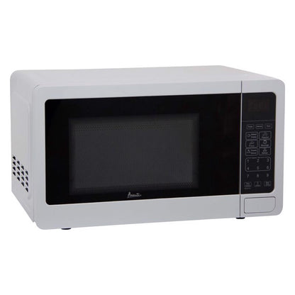 White Emery Jensen microwave oven with 700W power and 10-inch turntable, showcasing the front view with digital controls.