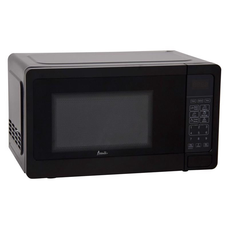 Black Emery Jensen microwave oven, 700W, 11-inch turntable, compact kitchen appliance with digital controls.