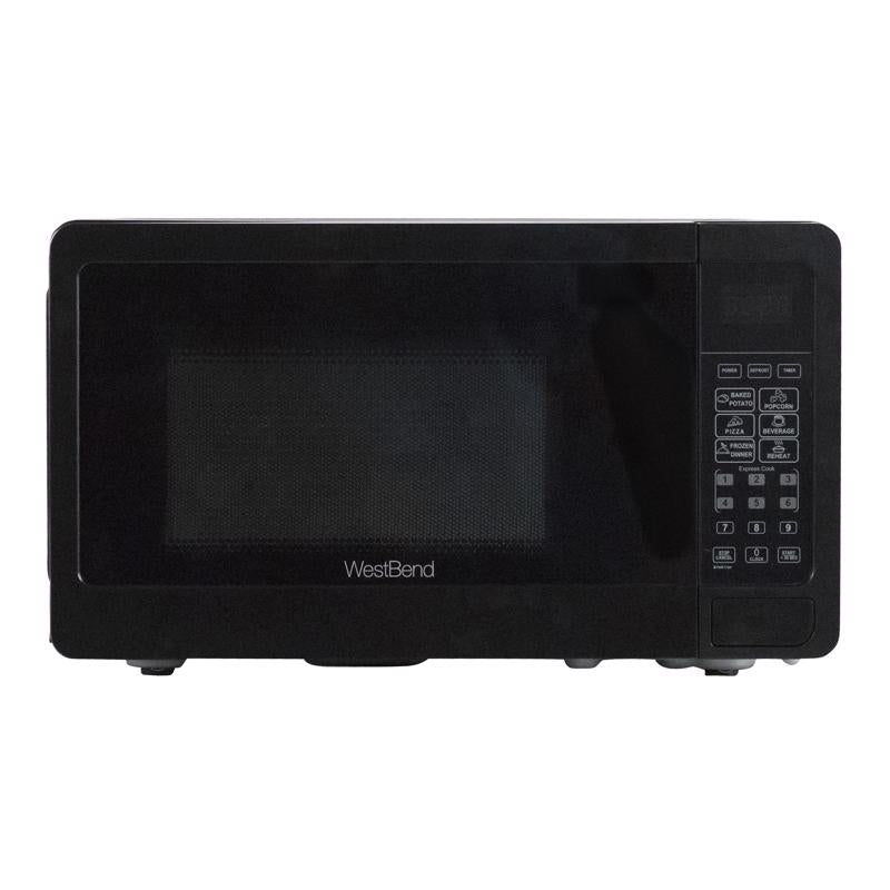 Emery Jensen microwave oven in black with 0.7 cu ft capacity and 700W power, showing the front view with digital controls.