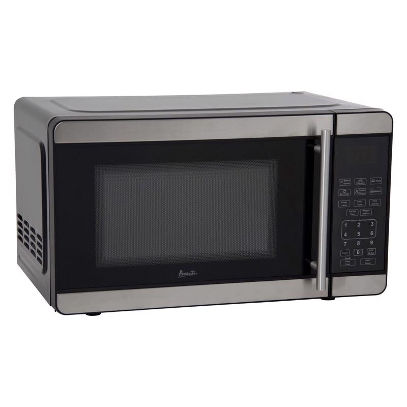 Emery Jensen microwave oven in black and silver finish, 0.7 cu ft capacity with digital controls and turntable for convenient cooking.