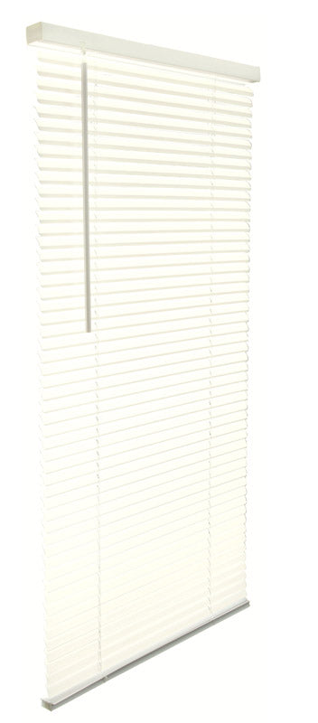 Emery Jensen VNYL 1” aluminum mini blinds in black, measuring 27x64 inches, shown installed in a window for light control.