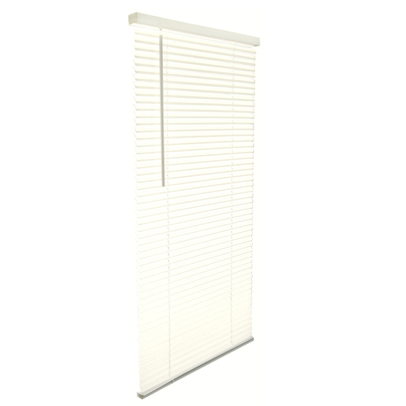 Emery Jensen VNYL 1-inch aluminum mini blinds in black, measuring 32x64 inches, hanging in a window for light control.