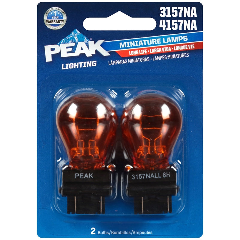 Emery Jensen Peak Minilamp 3157/4157NA miniature lamp showing clear glass and metal base for automotive lighting.