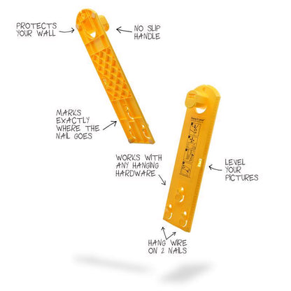 Emery Jensen Hang & Level Tool for mirror and picture hangers, shown in use on wall for precise hanging alignment.