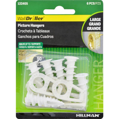 Set of six Emery Jensen white mirror and picture hangers, 50lb weight capacity, designed for secure wall mounting.