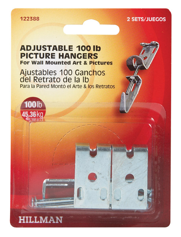 Adjustable Emery Jensen mirror and picture hanger with a 100-pound capacity, designed for secure wall mounting of artwork.