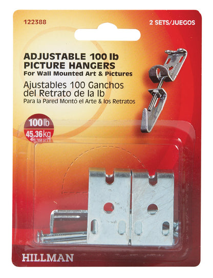 Adjustable Emery Jensen mirror and picture hanger with a 100-pound capacity, designed for secure wall mounting of artwork.