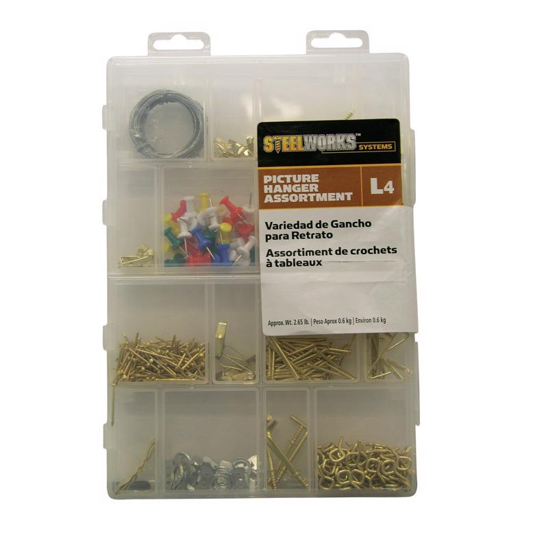 Emery Jensen mirror and picture hanger kit showing various hooks and hardware for wall mounting pictures and mirrors.