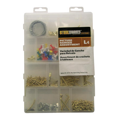 Emery Jensen mirror and picture hanger kit showing various hooks and hardware for wall mounting pictures and mirrors.