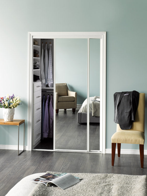 Emery Jensen mirrored bypass closet doors, 48x80 inches, with reflective glass panels and sleek frame.