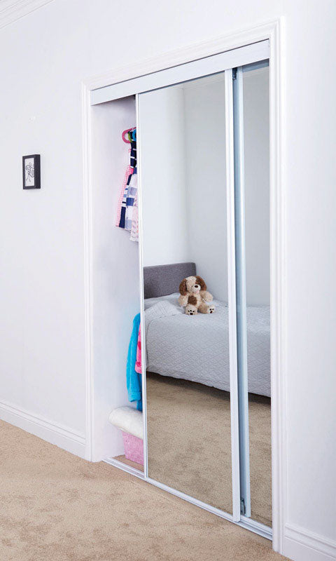 Emery Jensen mirrored bypass closet doors, 60x80 inches, with sleek reflective surface and modern frame design.