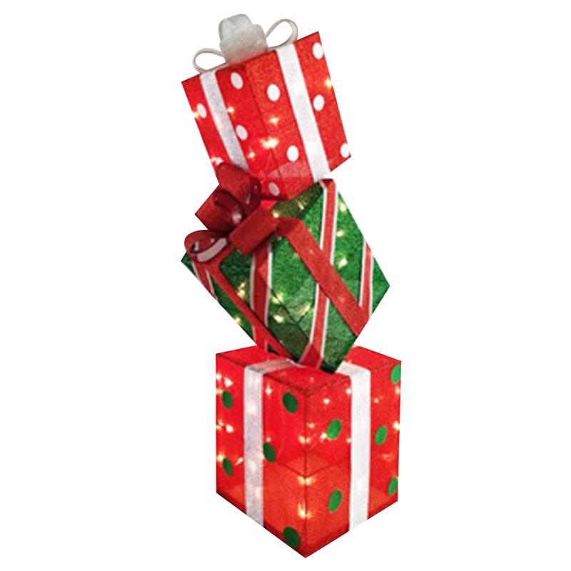 Emery Jensen stacking gift boxes LED outdoor decor with festive Christmas design and illuminated LED lights.