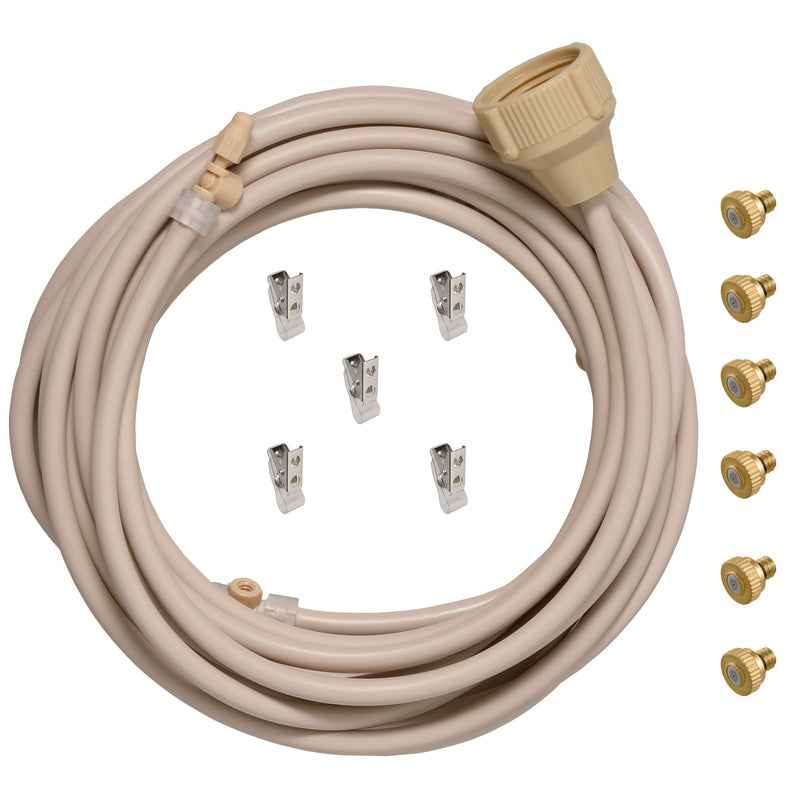 Emery Jensen Patio Mist Kit 20SF misting sprinklers for outdoor cooling, with adjustable nozzles and tubing for patio use.