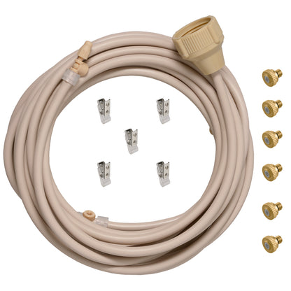 Emery Jensen Patio Mist Kit 20SF misting sprinklers for outdoor cooling, with adjustable nozzles and tubing for patio use.