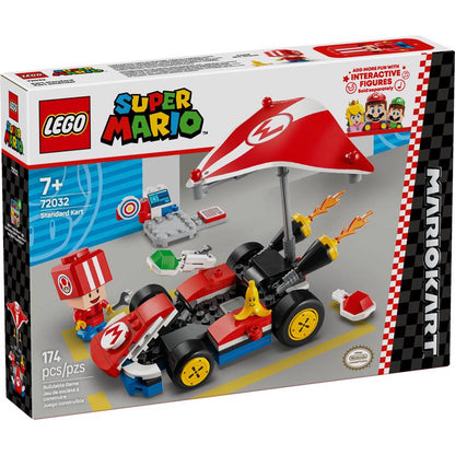 LEGO Mario stand and kart model building kit by Emery Jensen, showcasing a colorful LEGO Mario figure and a detailed go-kart.