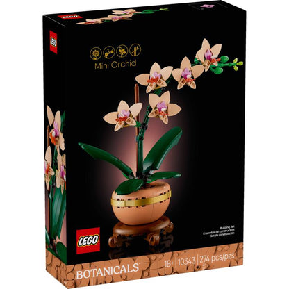 LEGO Mini Orchid model building kit by Emery Jensen featuring a detailed miniature orchid plant with colorful petals and green leaves.