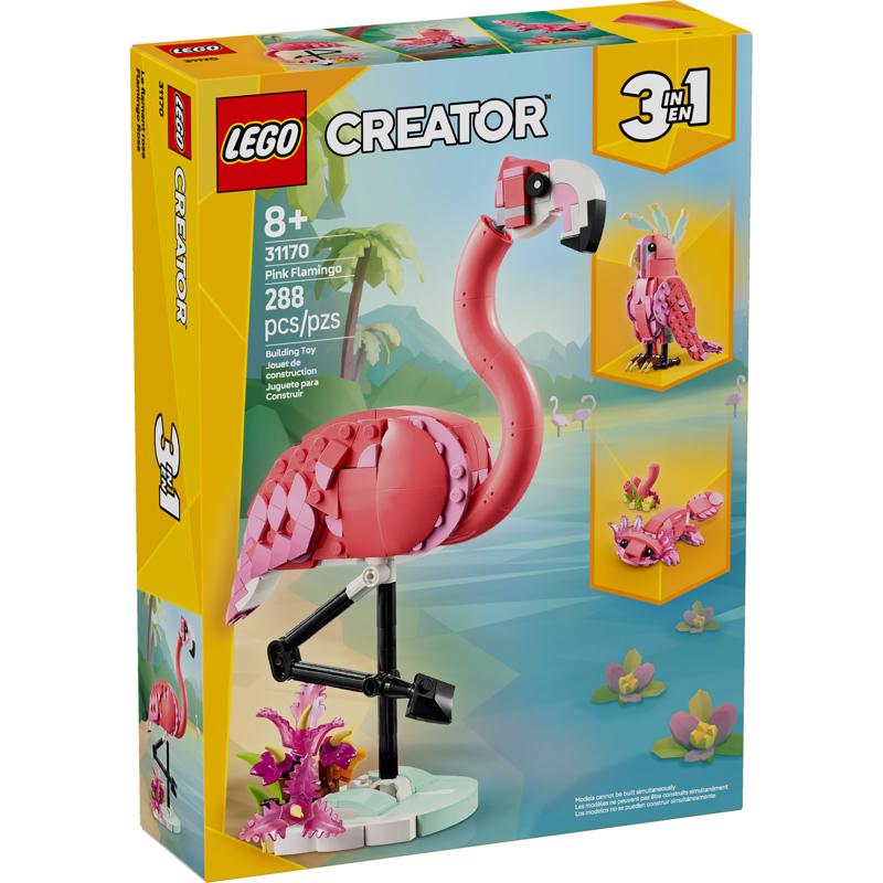 LEGO Pink Flamingo model building kit by Emery Jensen, detailed plastic construction set with vibrant pink color and accessory pieces.