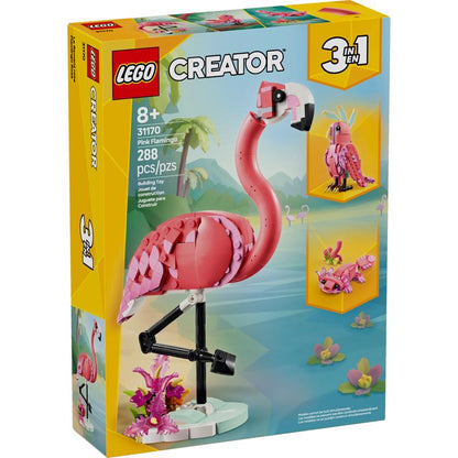 LEGO Pink Flamingo model building kit by Emery Jensen, detailed plastic construction set with vibrant pink color and accessory pieces.