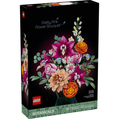 Emery Jensen LEGO party pink flower bouquet model building kit with colorful plastic flowers and accessories for creative building.