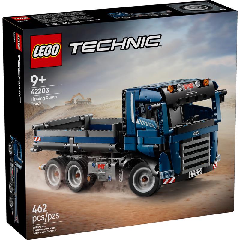 Emery Jensen LEGO Tip Dump Truck model building kit showing a detailed toy dump truck with bright colors and realistic design