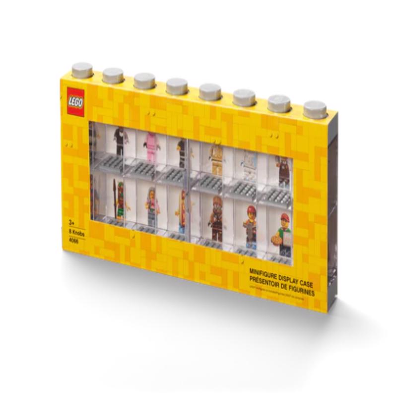 Gray minifigure display stand from Emery Jensen model building kits, designed for showcasing collectible figures.