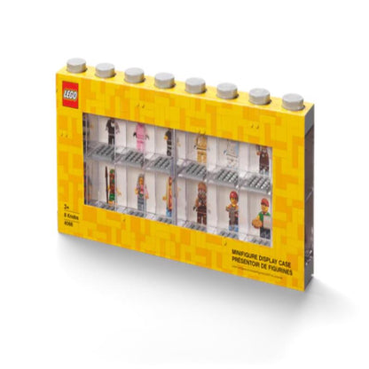 Gray minifigure display stand from Emery Jensen model building kits, designed for showcasing collectible figures.