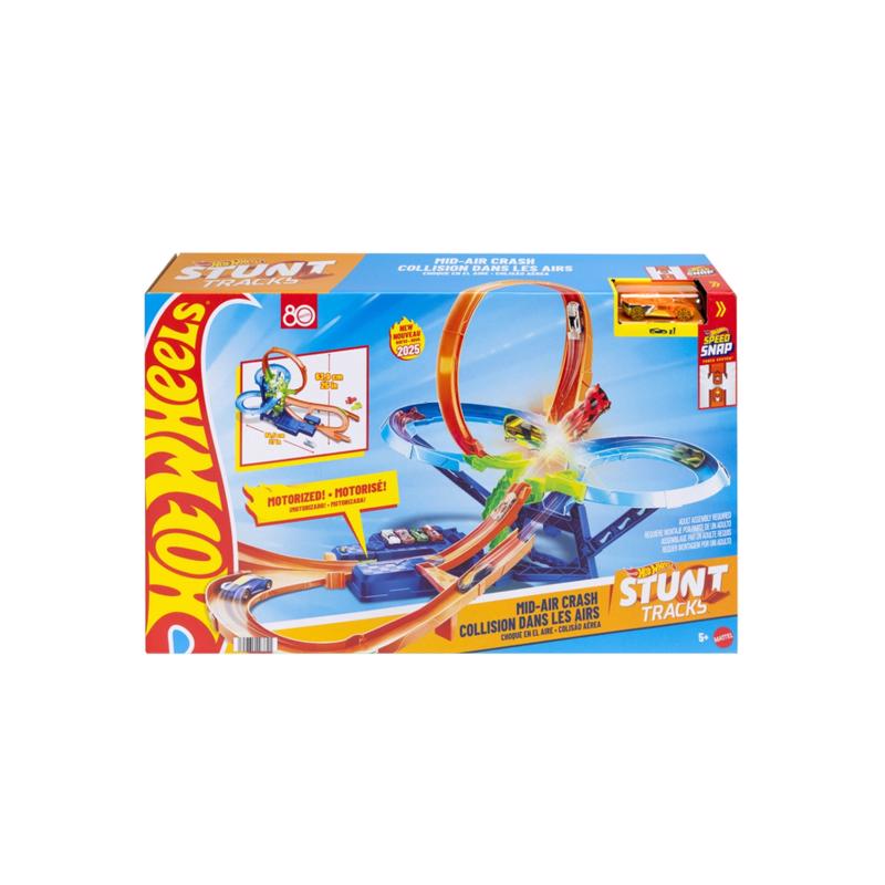 Emery Jensen Mid-air Crash Track Set building kit with colorful track pieces and accessories, designed for model racing enthusiasts.
