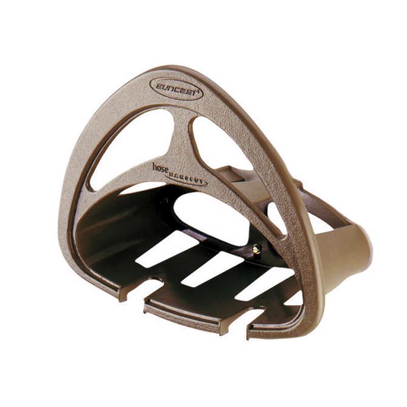 Emery Jensen HoseHANGOUT mounted reel and hanger in taupe, 150-foot length, for garden hose storage and organization.