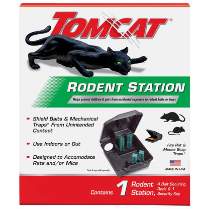 Emery Jensen Tomcat rodent station trap with bait for mice and rats, designed for effective pest control.