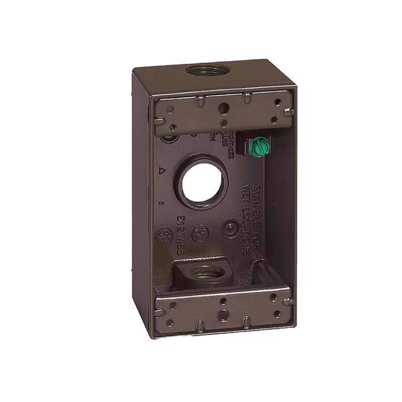 Emery Jensen 1/2-inch 3H 1G weatherproof metal box cover, durable metal construction for outdoor electrical protection.