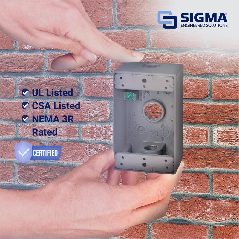Gray Emery Jensen 1/2" 3H 1G weatherproof metal box cover for electrical or telecommunications use.