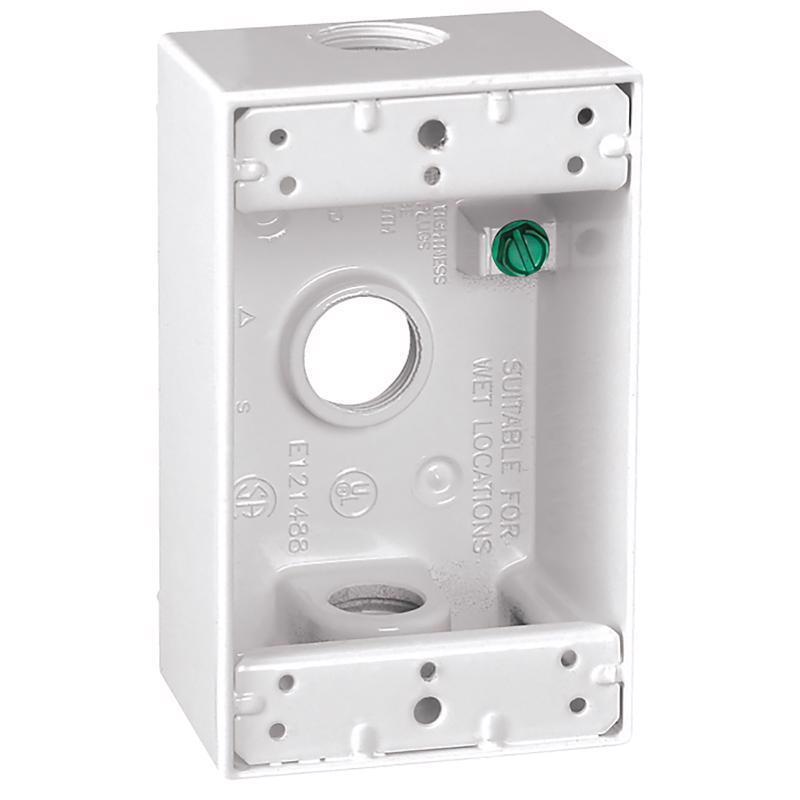 Emery Jensen weatherproof metal electrical box, 1/2 inch, 3-hole, 1-gang, white, outdoor protective cover on a white background.
