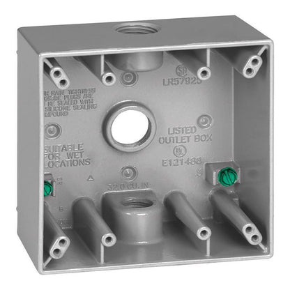 Emery Jensen 1/2-inch 3H 2G weatherproof metal box cover for outdoor electrical installations, gray finish.
