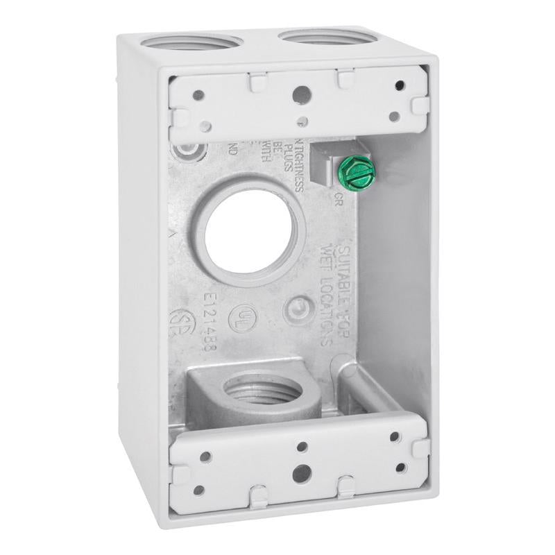 Metal weatherproof box cover by Emery Jensen, 1/2 inch 4H 1G box in white, designed for outdoor electrical safety and protection.