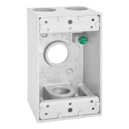 Metal weatherproof box cover by Emery Jensen, 1/2 inch 4H 1G box in white, designed for outdoor electrical safety and protection.