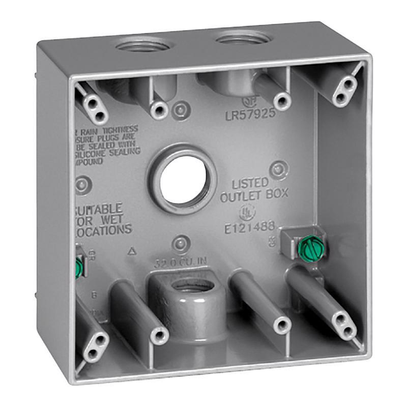 Emery Jensen 1/2-inch 4H 2G metal weatherproof box cover, gray color, designed for outdoor electrical installations.