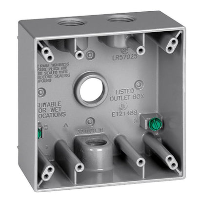 Emery Jensen 1/2-inch 4H 2G metal weatherproof box cover, gray color, designed for outdoor electrical installations.